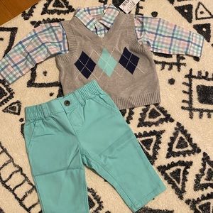 3-6m baby boys dress clothes / Easter outfit aqua, pink and gray